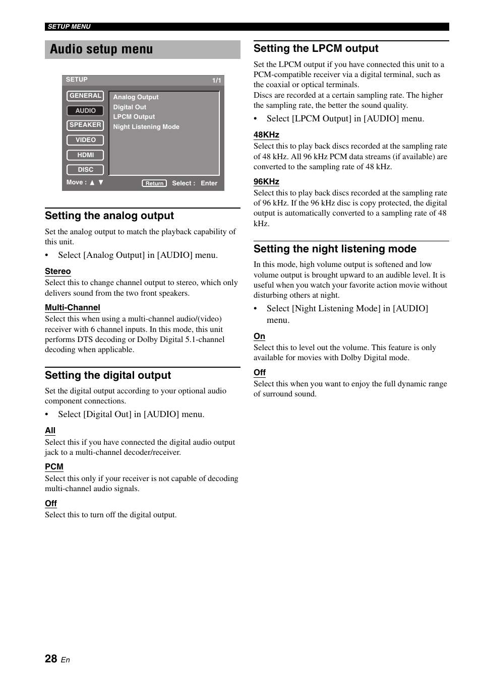 Audio setup menu, Setting the analog output, Setting the digital output | Setting the lpcm output, Setting the night listening mode | Yamaha DVD-S2700 User Manual | Page 32 / 47