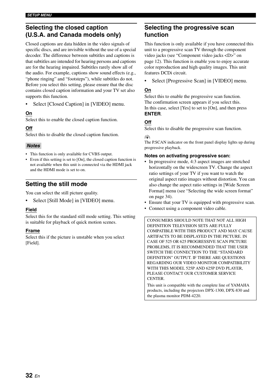 Setting the still mode, Selecting the progressive scan function, Selecting the closed caption | U.s.a. and canada models only) | Yamaha DVD-S2700 User Manual | Page 36 / 47