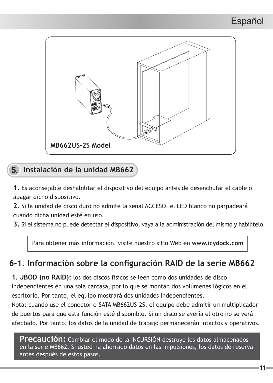 Español | ICY DOCK MB662US-2S User Manual | Page 11 / 15