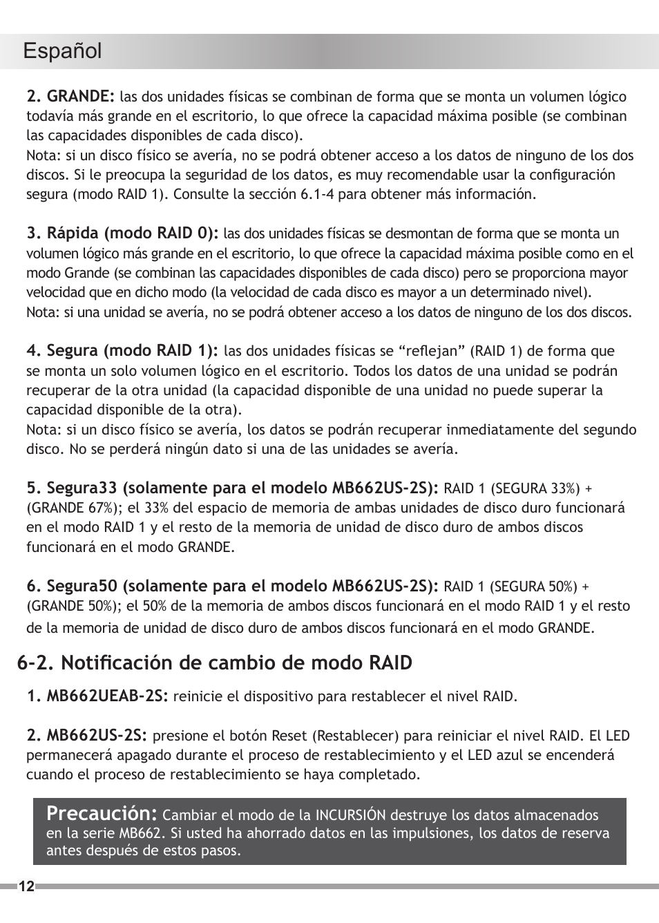 Español, 2. notificación de cambio de modo raid precaución | ICY DOCK MB662US-2S User Manual | Page 12 / 15
