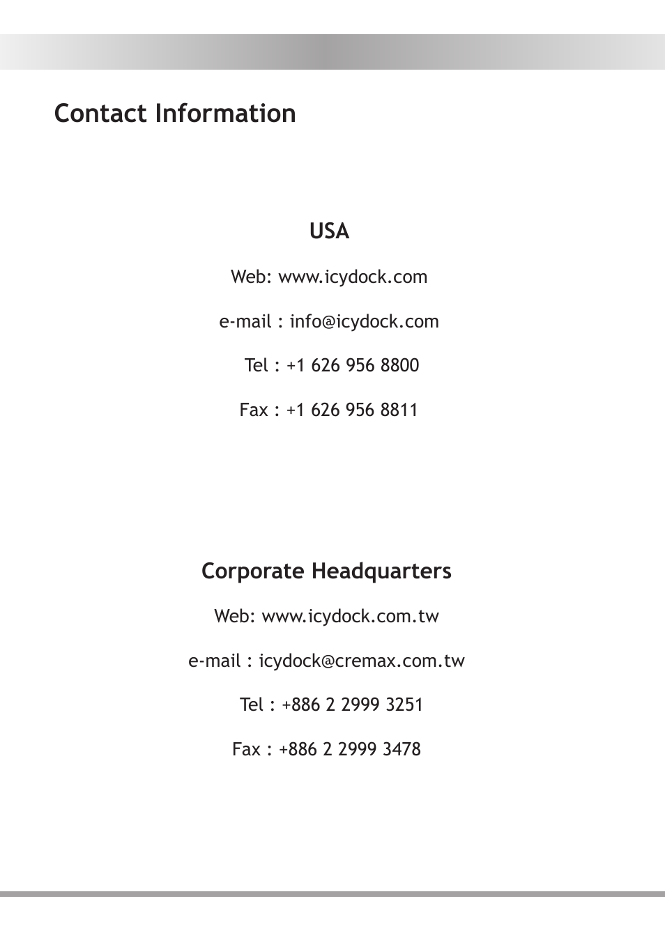Contact information | ICY DOCK MB662US-2S User Manual | Page 14 / 15