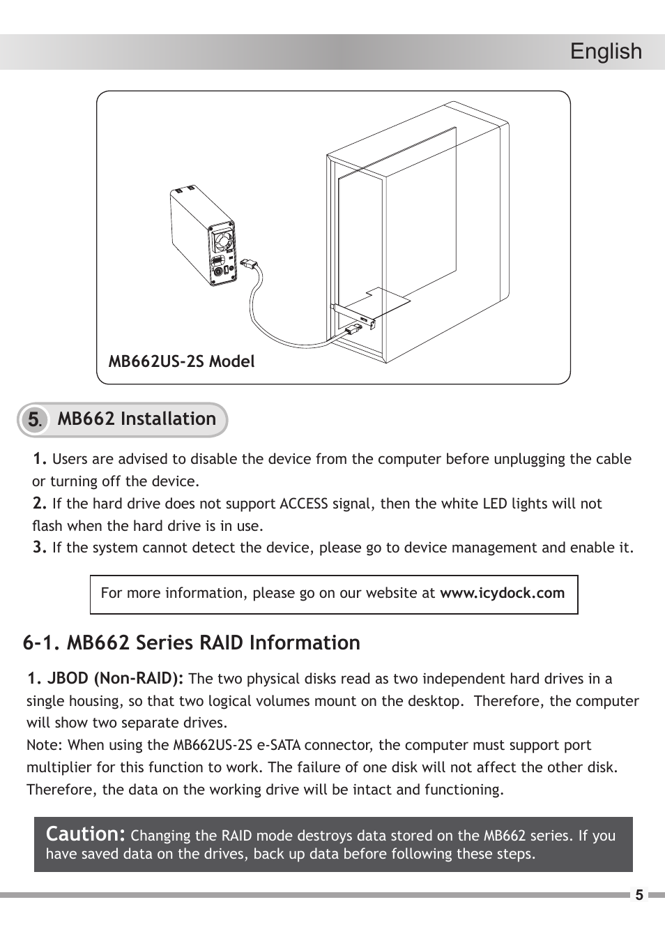 English, 1. mb662 series raid information caution | ICY DOCK MB662US-2S User Manual | Page 5 / 15