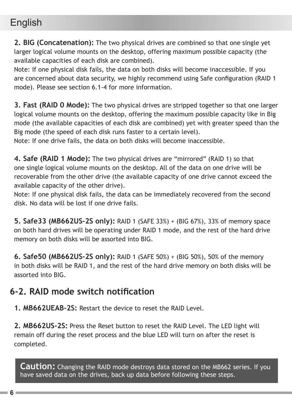 English, 2. raid mode switch notification caution | ICY DOCK MB662US-2S User Manual | Page 6 / 15