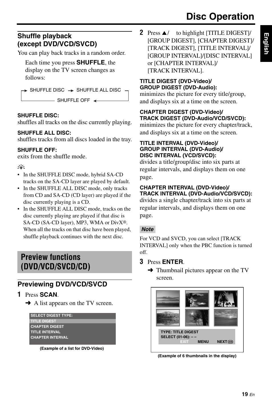 Shuffle playback (except dvd/vcd/svcd), Preview functions (dvd/vcd/svcd/cd), Previewing dvd/vcd/svcd | Disc operation, Previewing dvd/vcd/svcd 1 | Yamaha DVD-C961 User Manual | Page 23 / 51