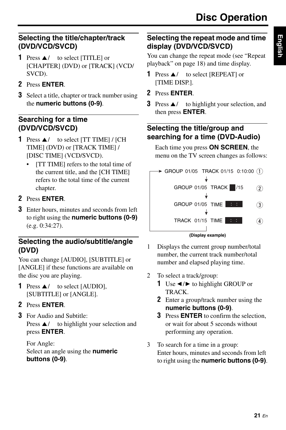 Selecting the title/chapter/track (dvd/vcd/svcd), Searching for a time (dvd/vcd/svcd), Selecting the audio/subtitle/angle (dvd) | Disc operation | Yamaha DVD-C961 User Manual | Page 25 / 51