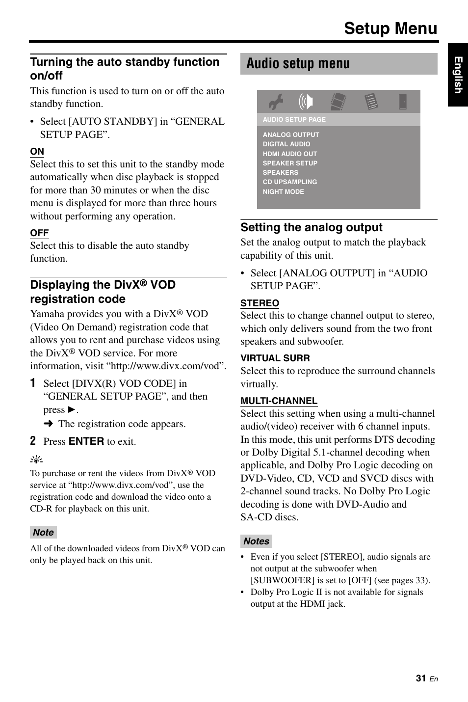 Turning the auto standby function on/off, Displaying the divx® vod registration code, Audio setup menu | Setting the analog output, Setup menu | Yamaha DVD-C961 User Manual | Page 35 / 51