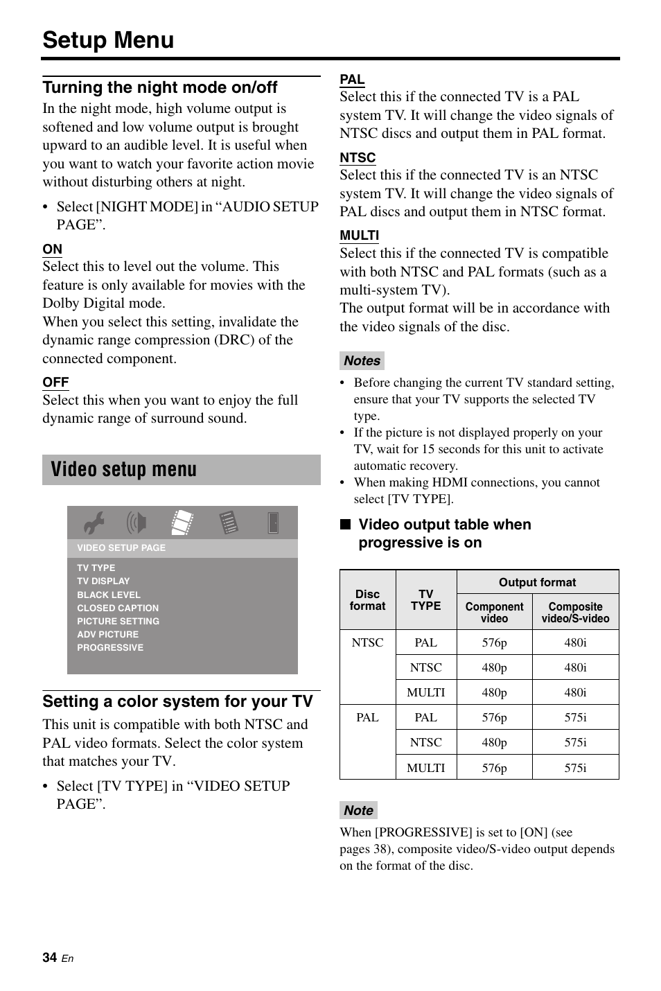 Turning the night mode on/off, Video setup menu, Setting a color system for your tv | Setup menu | Yamaha DVD-C961 User Manual | Page 38 / 51