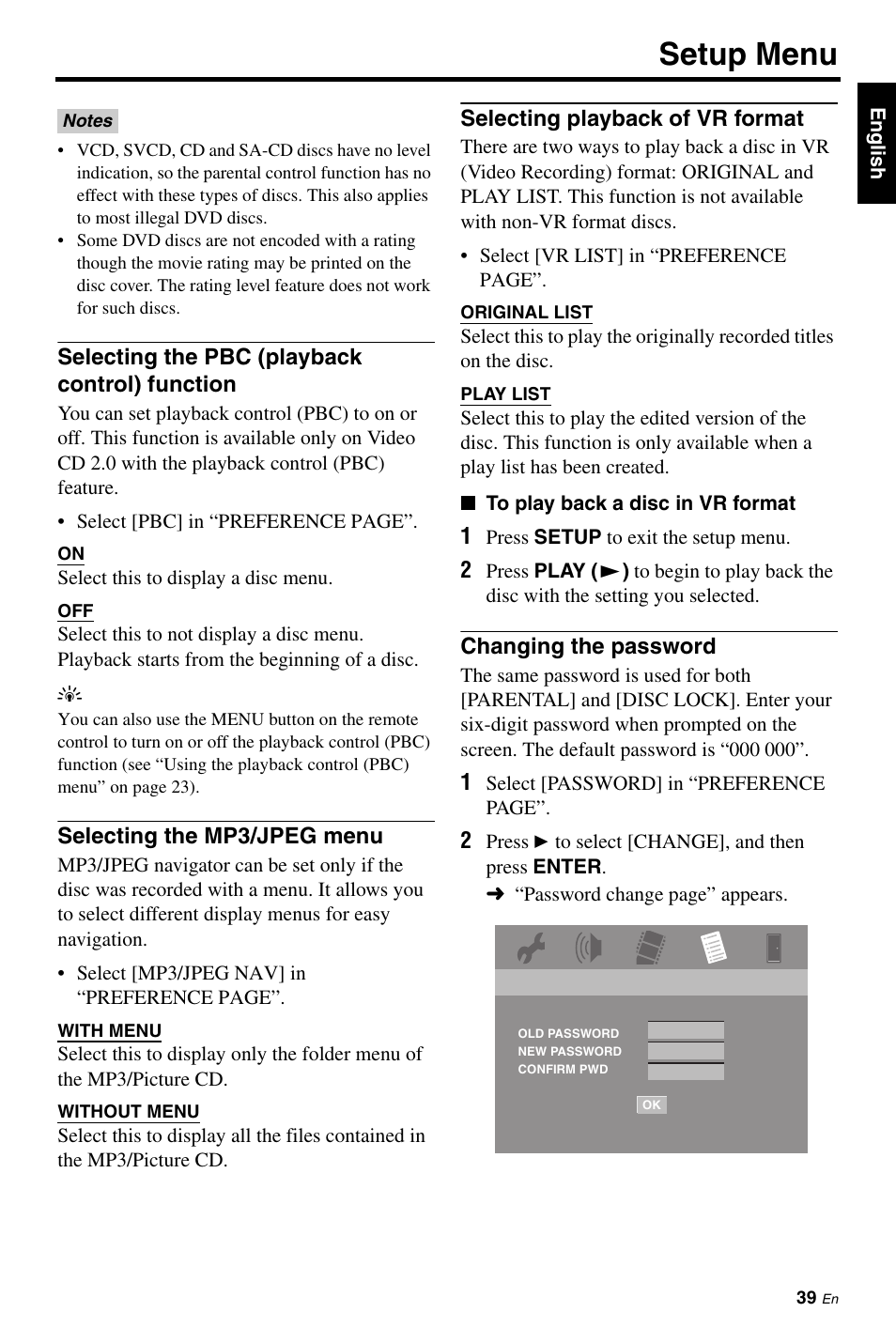 Selecting the pbc (playback control) function, Selecting the mp3/jpeg menu, Selecting playback of vr format | Changing the password, See “changing the password” on th, Setup menu | Yamaha DVD-C961 User Manual | Page 43 / 51