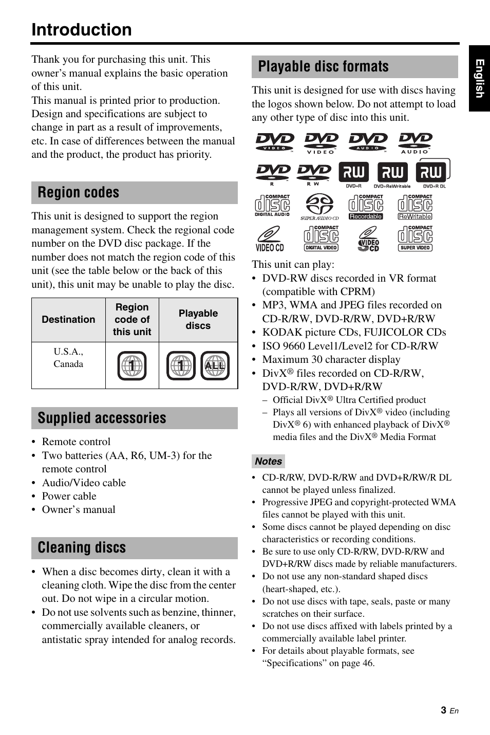 Introduction, Region codes, Supplied accessories | Cleaning discs, Playable disc formats, Supplied accessories cleaning discs 1 1 | Yamaha DVD-C961 User Manual | Page 7 / 51