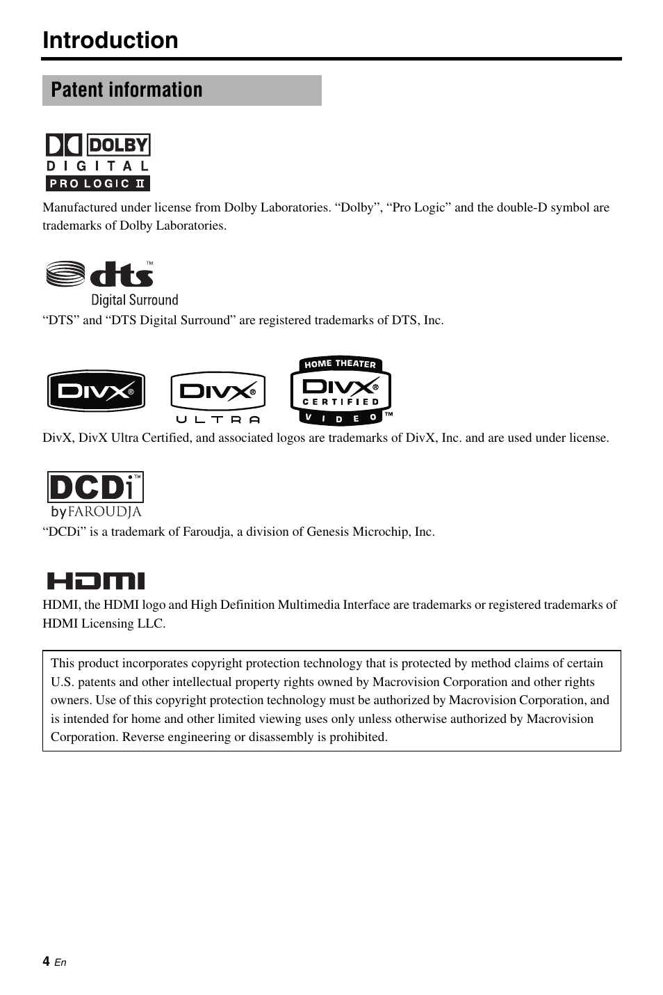 Patent information, Introduction | Yamaha DVD-C961 User Manual | Page 8 / 51