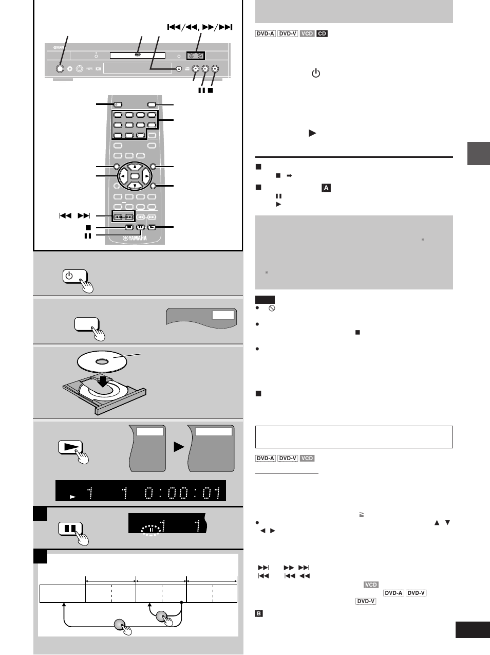 Basic play, Press [ ê /i power] to turn on the unit, Press [open/close] to open the disc tray | Place the disc on the disc tray, Press [ 1 ] (play), Press the numeric buttons to select an item, Basic operations, Power í, Open/close play pause, ºto stop play | Yamaha DVD-S1200 User Manual | Page 11 / 32