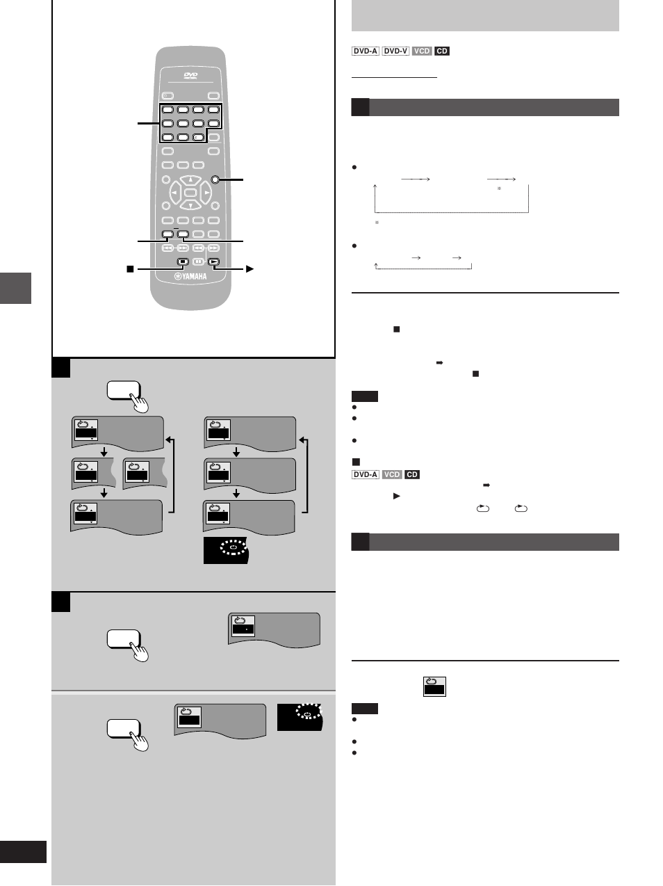 Repeat play, A-b repeat play, Press [repeat | Press [a-b] at the starting point (a), Press [a-b] at the finishing point (b), Advanced operations, Repeat a-b a-b, ºto repeat only your favorite tracks | Yamaha DVD-S1200 User Manual | Page 18 / 32