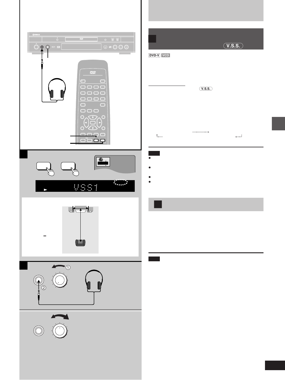 Increasing your enjoyment of movies and music, Using headphones, Press [ sp-v.s.s. ] or [ hp-v.s.s | Adjust headphone volume with [level, Advanced operations, Hp-v.s.s. sp-v.s.s, Standby, Audio/video, Hp.-v.s.s. sp.-v.s.s | Yamaha DVD-S1200 User Manual | Page 19 / 32