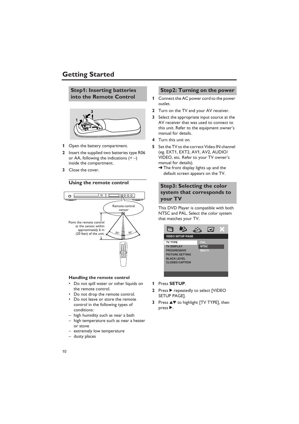 Getting started, Step1: inserting batteries into the remote control, Using the remote control | Step2: turning on the power, Inserting batteries into the remote control | Yamaha DVD-S657 User Manual | Page 14 / 44