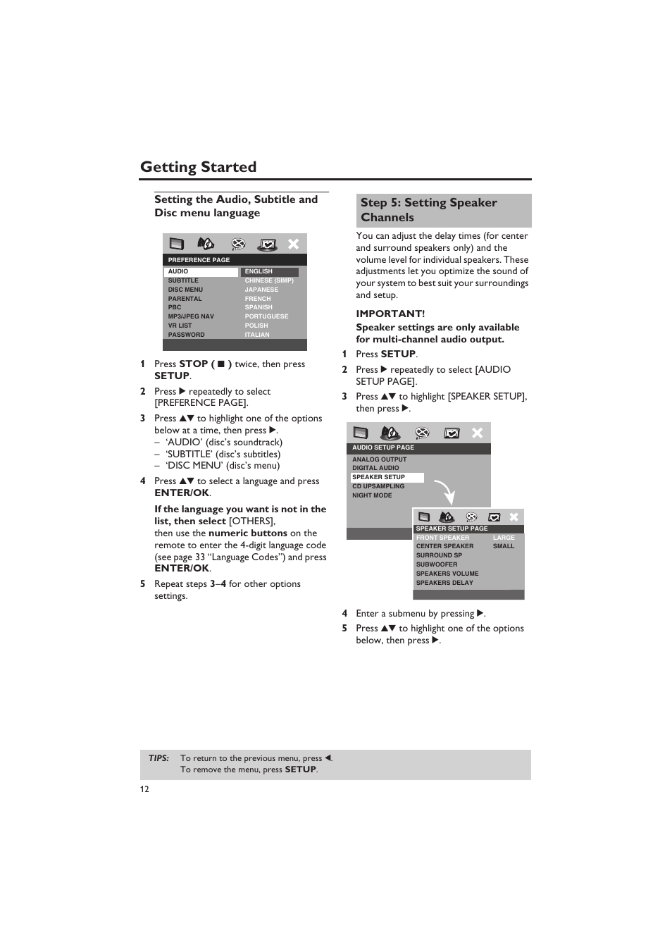 Setting the audio, subtitle and disc menu language, Step 5: setting speaker channels, Setting speaker channels | Getting started | Yamaha DVD-S657 User Manual | Page 16 / 44