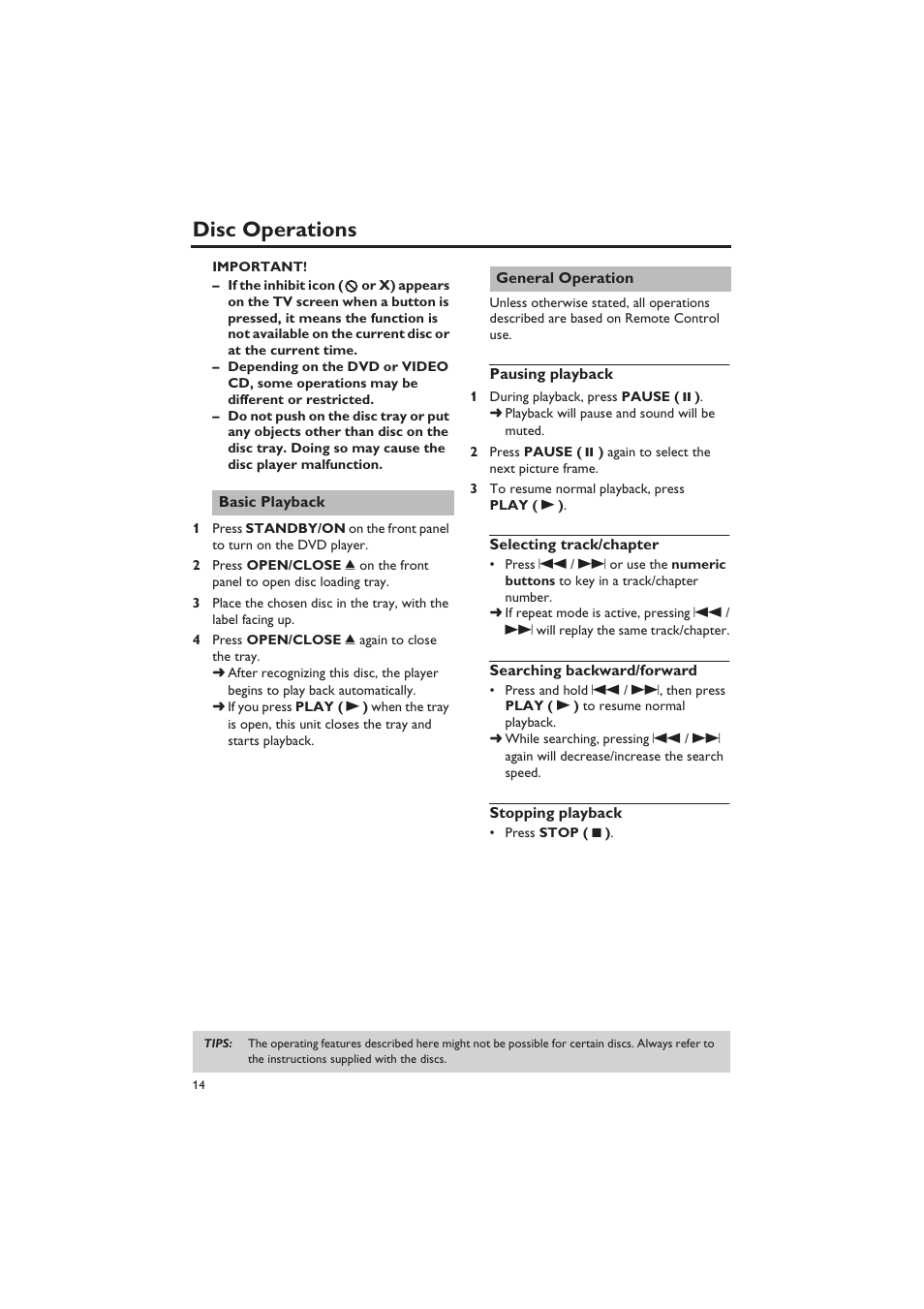 Disc operations, Basic playback, General operation | Pausing playback, Selecting track/chapter, Searching backward/forward, Stopping playback, Basic playback general operation | Yamaha DVD-S657 User Manual | Page 18 / 44