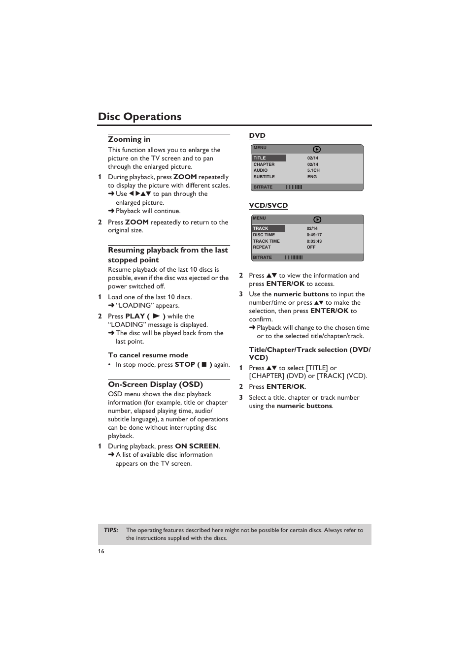 Zooming in, Resuming playback from the last stopped point, On-screen display (osd) | Disc operations | Yamaha DVD-S657 User Manual | Page 20 / 44