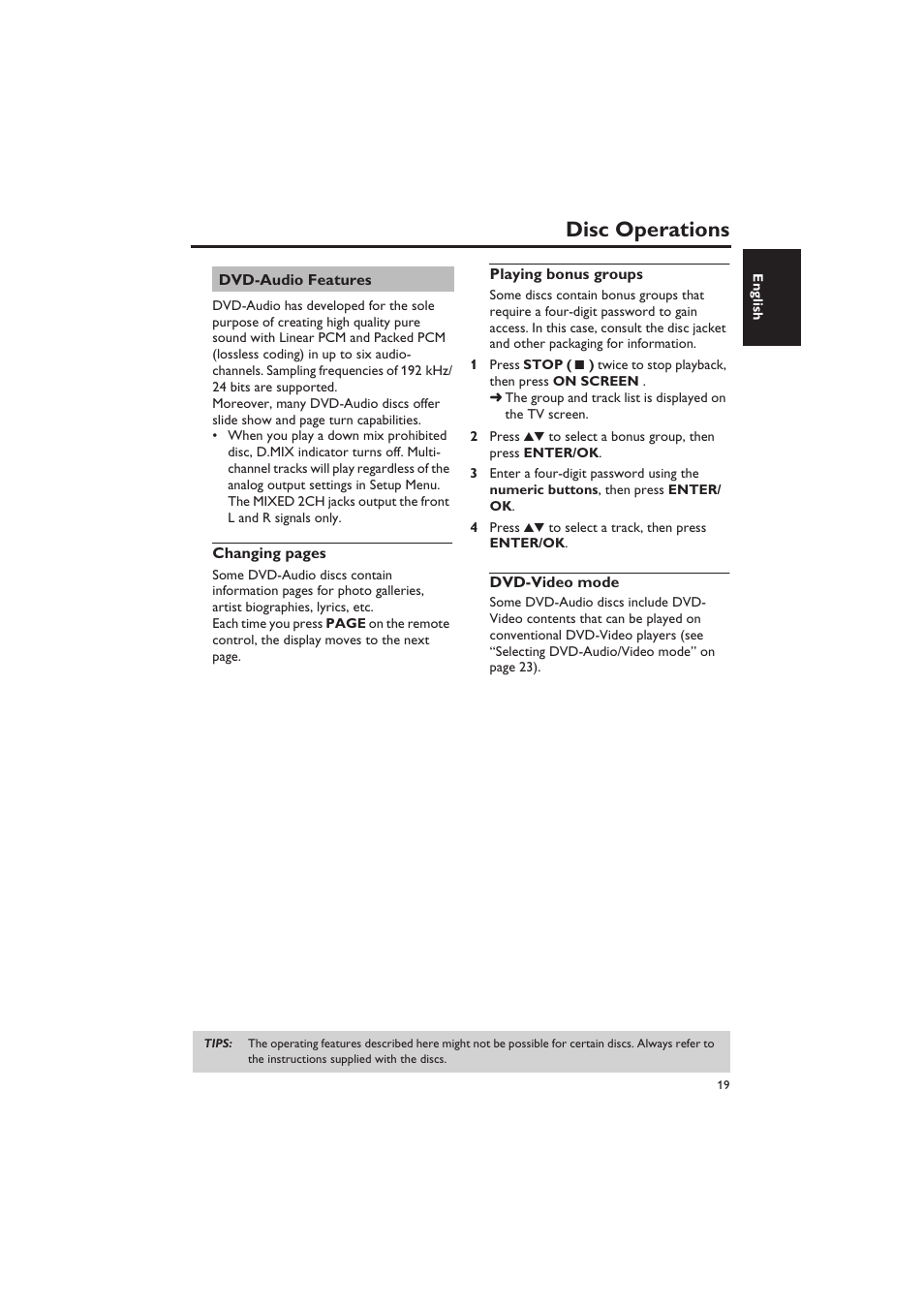 Dvd-audio features, Playing bonus groups, Dvd-video mode | Disc operations | Yamaha DVD-S657 User Manual | Page 23 / 44