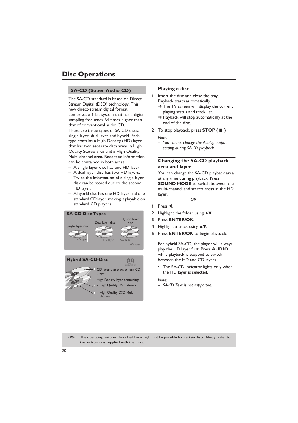 Sa-cd (super audio cd), Playing a disc, Changing the sa-cd playback area and layer | Disc operations | Yamaha DVD-S657 User Manual | Page 24 / 44