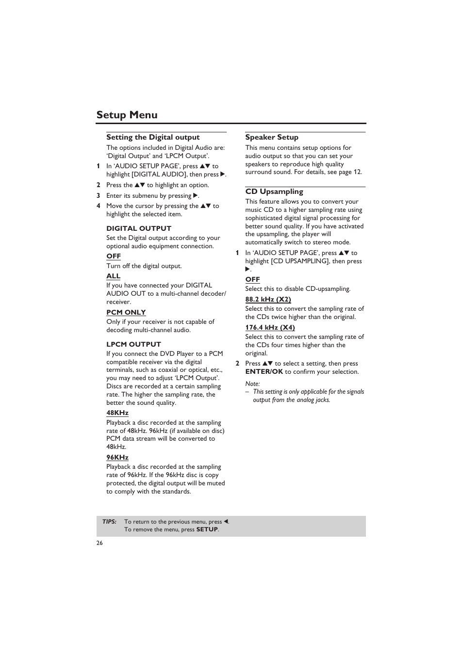 Setting the digital output, Speaker setup, Cd upsampling | Setup menu | Yamaha DVD-S657 User Manual | Page 30 / 44