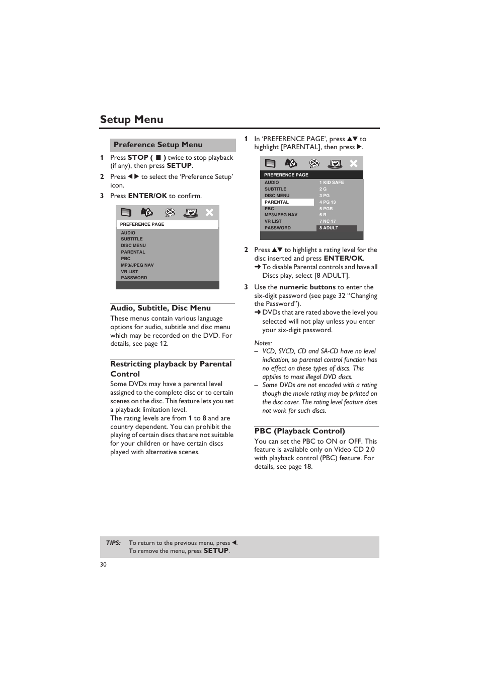 Preference setup menu, Audio, subtitle, disc menu, Restricting playback by parental control | Pbc (playback control), Setup menu | Yamaha DVD-S657 User Manual | Page 34 / 44