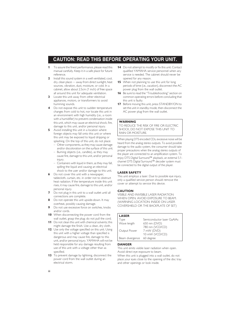 Caution: read this before operating your unit | Yamaha DVD-S657 User Manual | Page 4 / 44