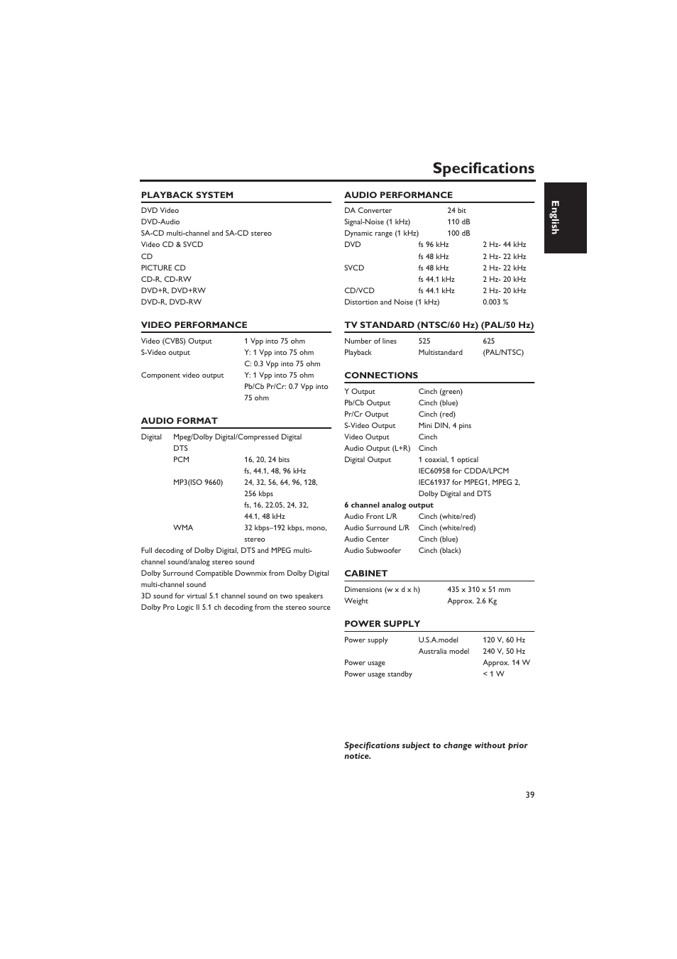 Specifications | Yamaha DVD-S657 User Manual | Page 43 / 44
