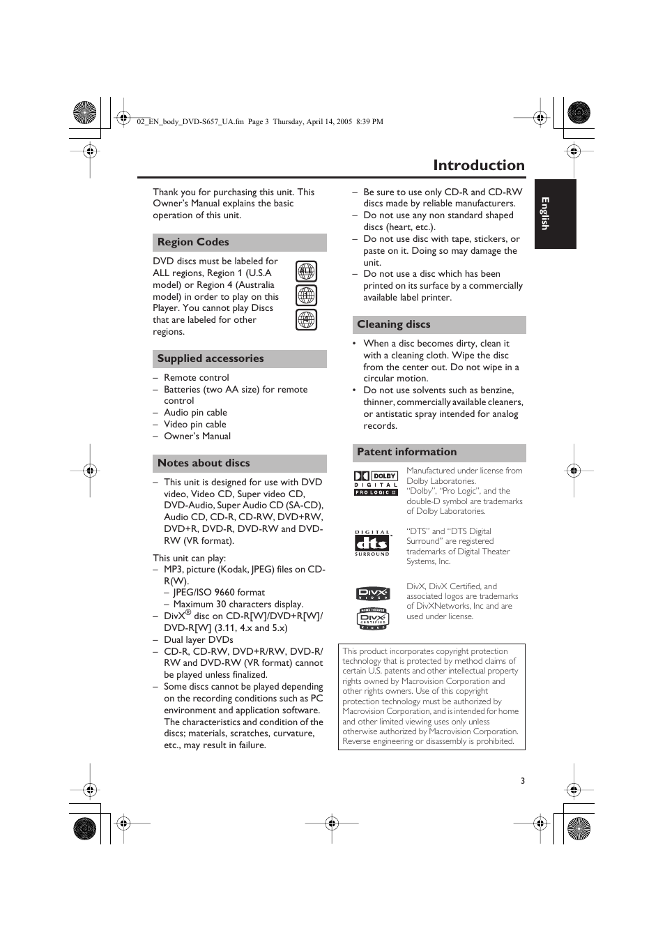 Introduction, Region codes, Supplied accessories | Notes about discs, Cleaning discs, Patent information | Yamaha DVD-S657 User Manual | Page 7 / 44