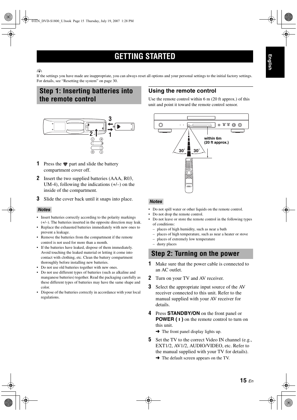 Getting started, Step 2: turning on the power, Step 4: setting a language preference | Setting the osd (on-screen display), Language, Setting the audio, subtitle and | Yamaha DVD-S1800 User Manual | Page 19 / 49