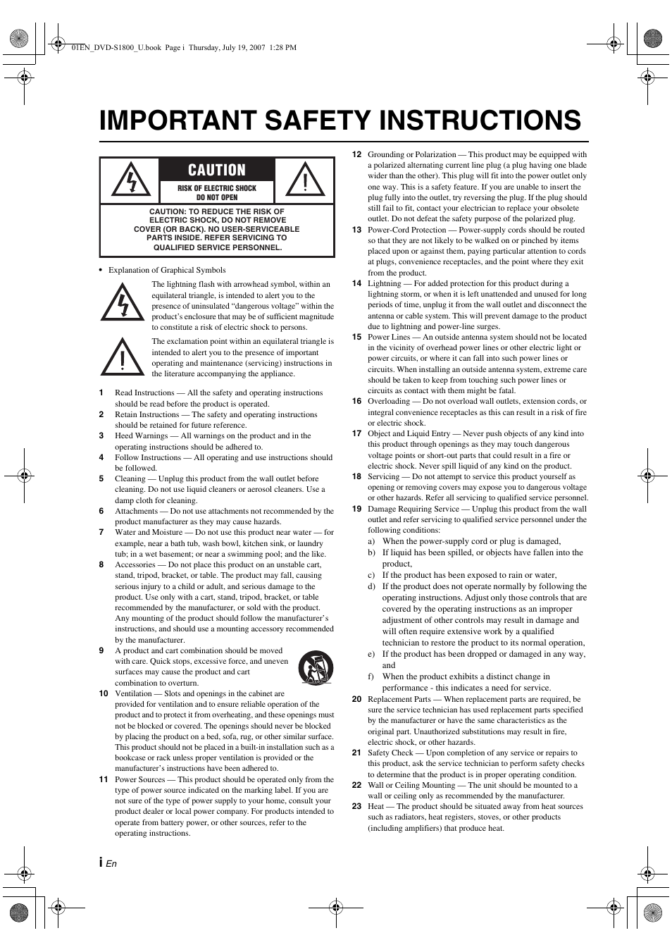 Important safety instructions, Caution | Yamaha DVD-S1800 User Manual | Page 2 / 49