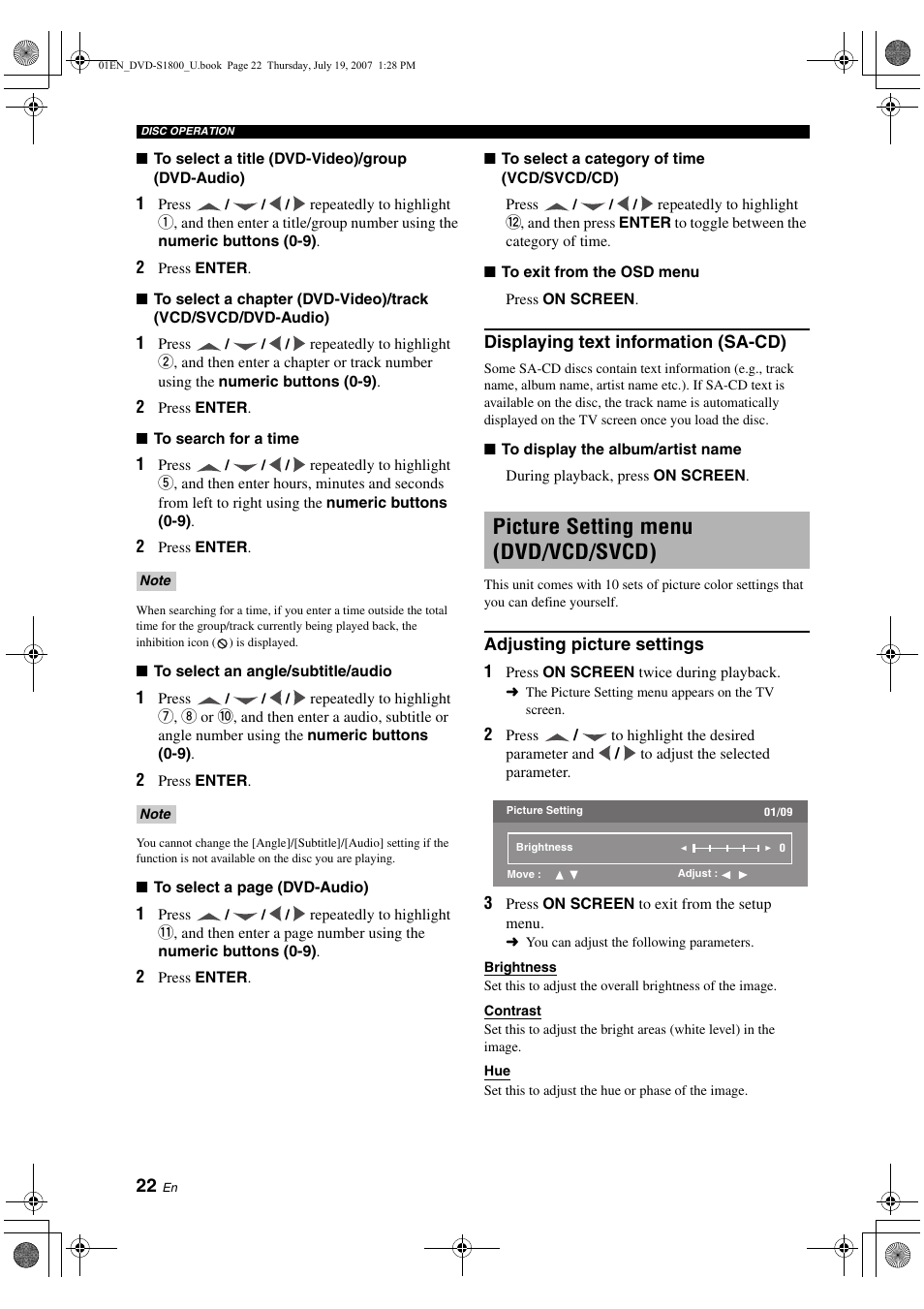 Displaying text information (sa-cd), Picture setting menu (dvd/vcd/svcd), Adjusting picture settings | Dvd-video/vcd/svcd/divx, Jpeg), Viewing angles (dvd-video), Audio and subtitle languages, Dvd-video/vcd) | Yamaha DVD-S1800 User Manual | Page 26 / 49