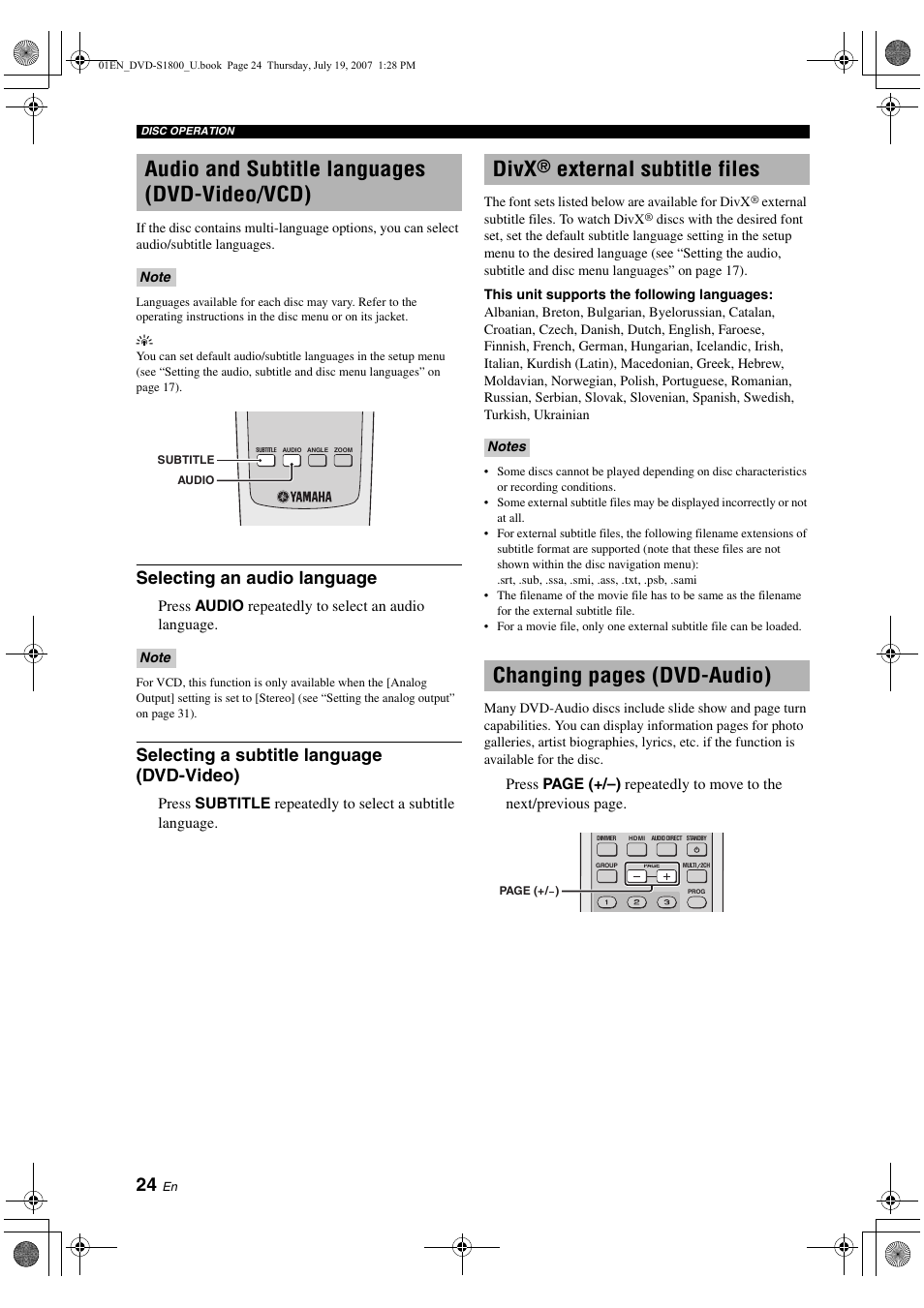 Audio and subtitle languages (dvd-video/vcd), Selecting an audio language, Selecting a subtitle language (dvd-video) | Divx® external subtitle files, Divx, External subtitle files, Group/file selection (dvd-audio/divx, Mp3/wma/kodak picture cd), Selecting a group (dvd-audio), Changing pages (dvd-audio) | Yamaha DVD-S1800 User Manual | Page 28 / 49