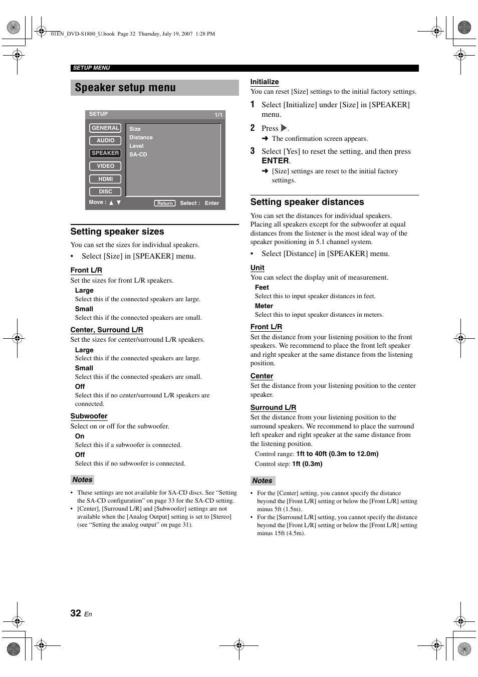 Speaker setup menu, Setting speaker sizes, Setting speaker distances | Video setup menu, Setting the tv display, Setting the tv type | Yamaha DVD-S1800 User Manual | Page 36 / 49