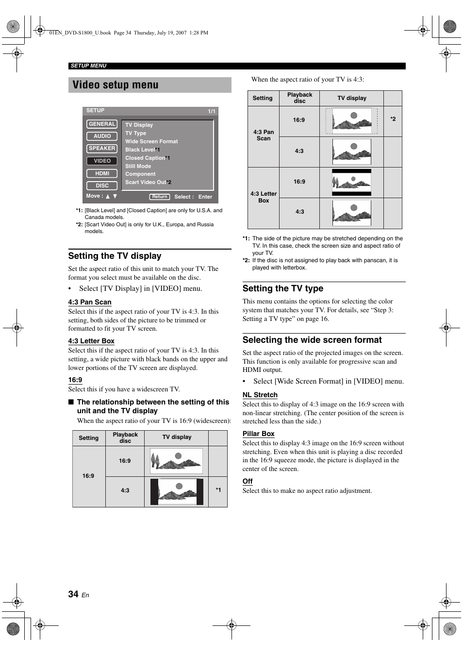 Video setup menu, Setting the tv display, Setting the tv type | Selecting the wide screen format, U.s.a. and canada models only), Selecting the closed caption, Setting the still mode | Yamaha DVD-S1800 User Manual | Page 38 / 49