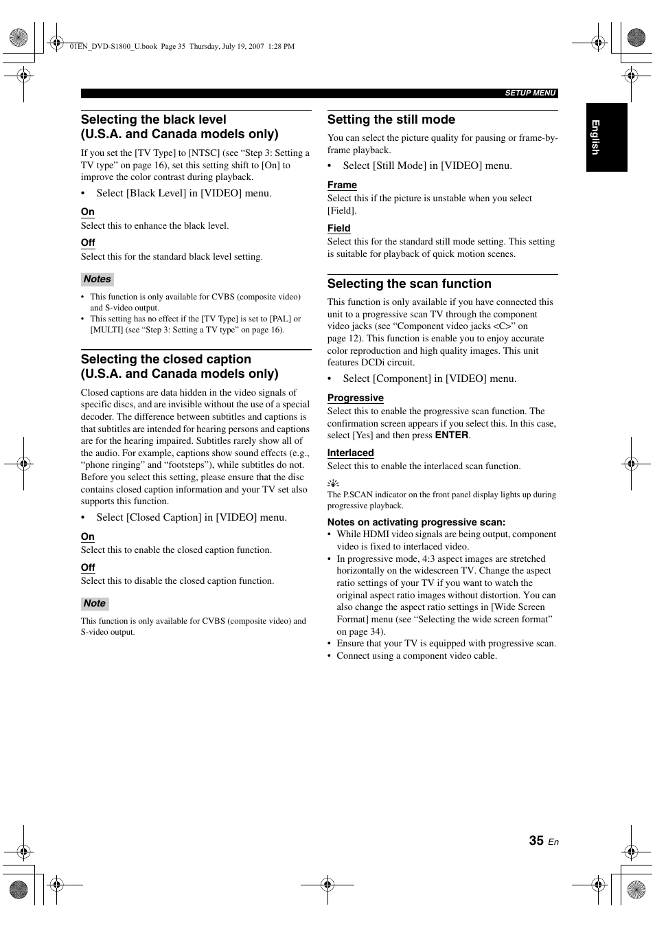 Setting the still mode, Selecting the scan function, Switching the scart video out | U.k., europe, and russia models only), Hdmi setup menu, Setting the hdmi video, Selecting the dvi output range | Yamaha DVD-S1800 User Manual | Page 39 / 49