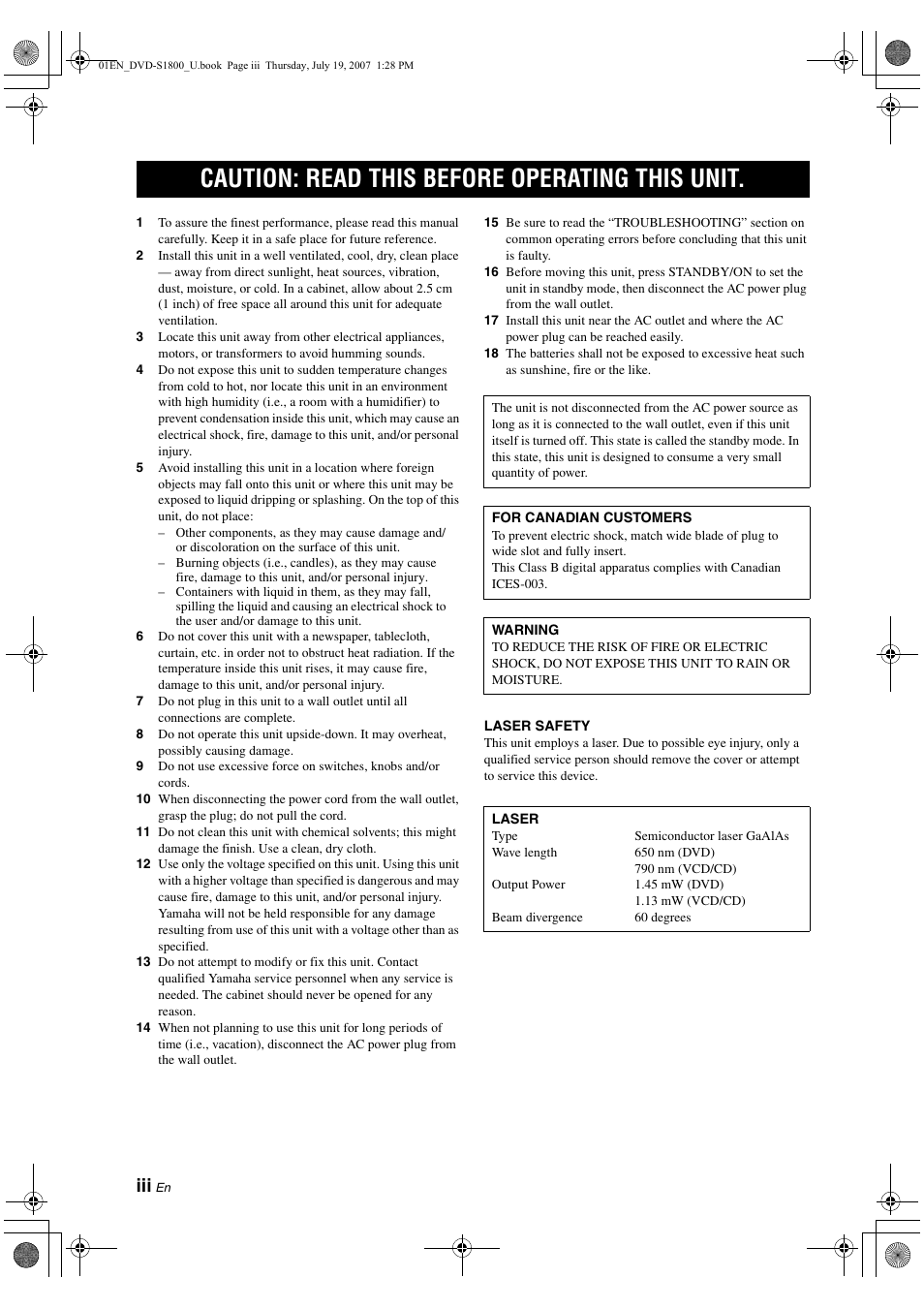 Caution: read this before operating this unit | Yamaha DVD-S1800 User Manual | Page 4 / 49