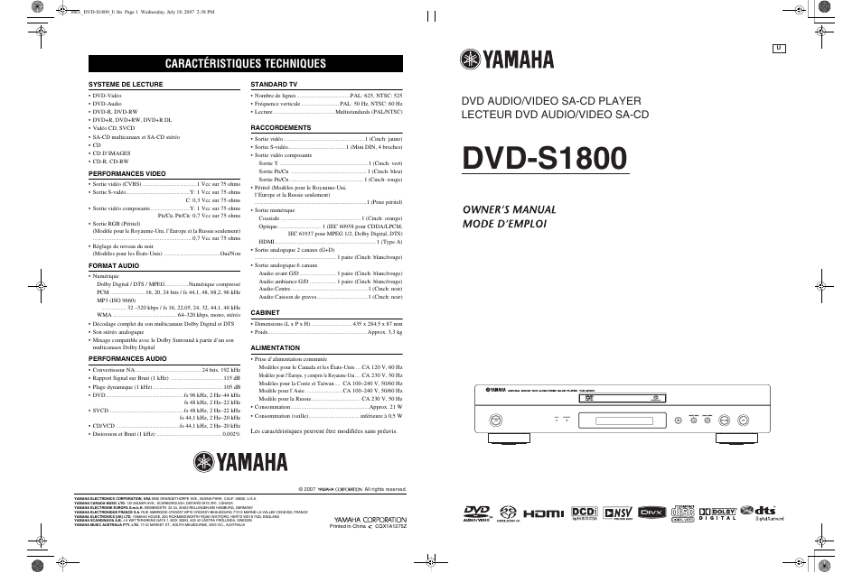 Dvd-s1800, Caractéristiques techniques | Yamaha DVD-S1800 User Manual | Page 49 / 49