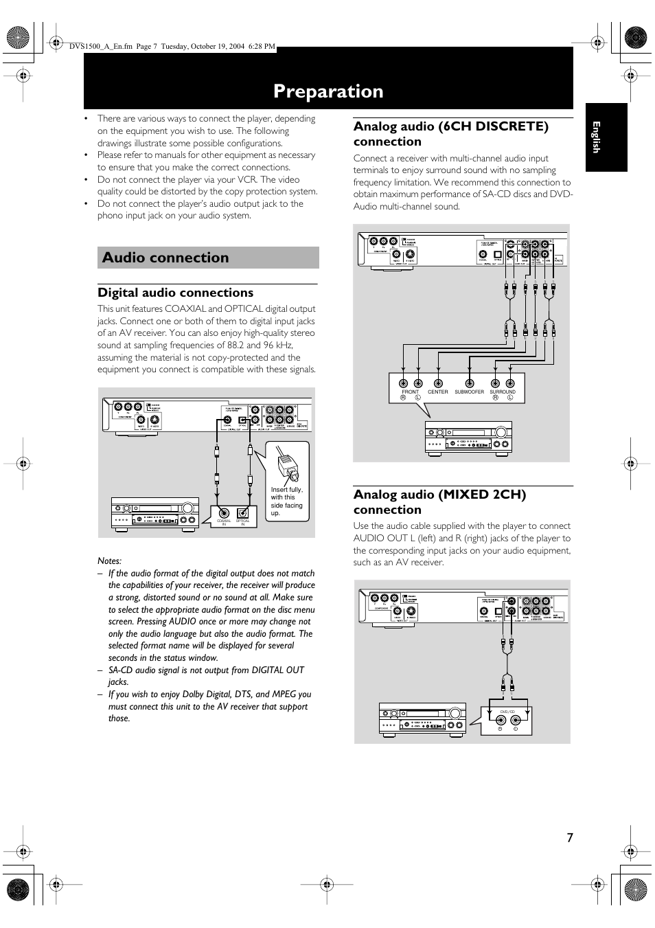 Preparation, Audio connection, Digital audio connections | Analog audio (6ch discrete) connection, Analog audio (mixed 2ch) connection | Yamaha DVD-S1500 User Manual | Page 11 / 32