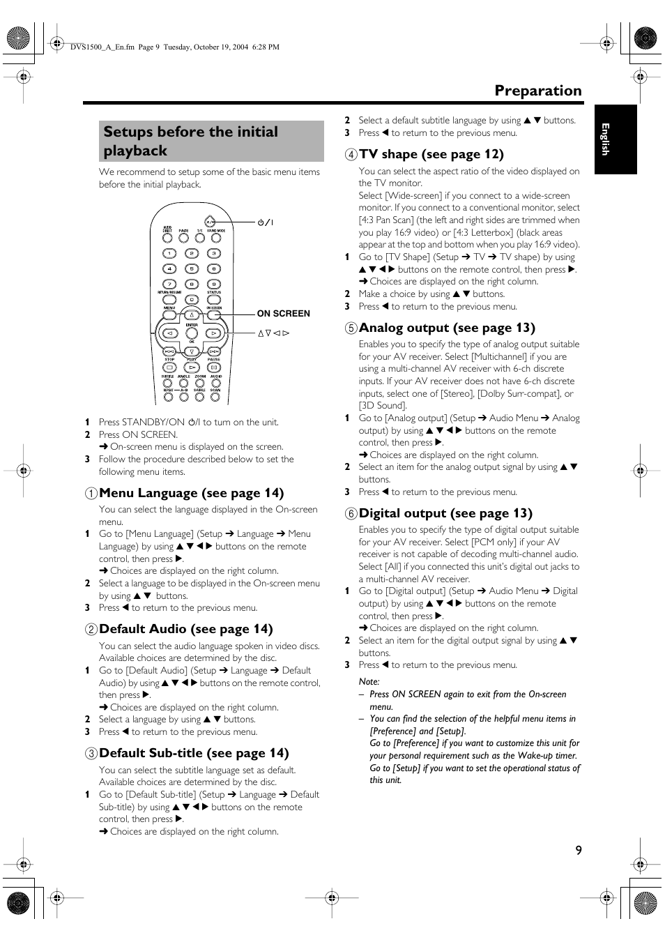 Setups before the initial playback, Preparation, 1 menu language (see page 14) | 2 default audio (see page 14), 3 default sub-title (see page 14), 4 tv shape (see page 12), 5 analog output (see page 13), 6 digital output (see page 13) | Yamaha DVD-S1500 User Manual | Page 13 / 32