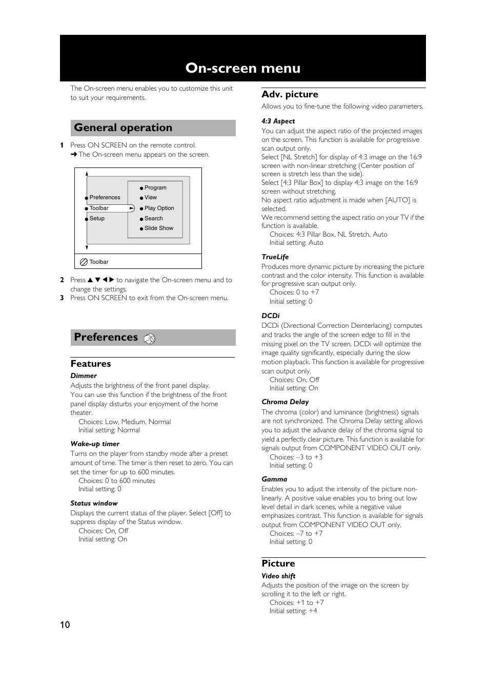 On-screen menu, General operation, Preferences | Features, Adv. picture, Picture, General operation preferences, Features adv. picture picture | Yamaha DVD-S1500 User Manual | Page 14 / 32