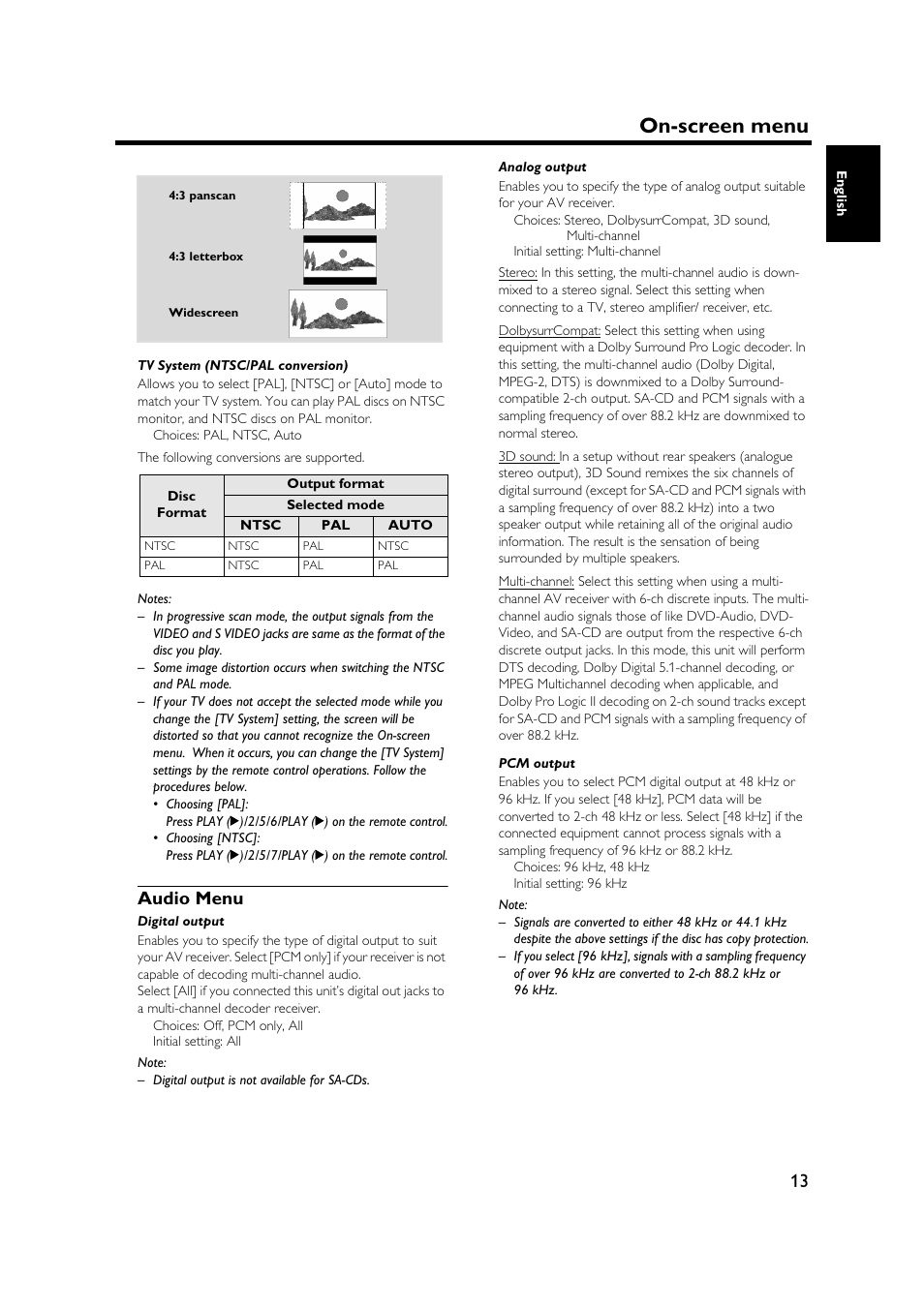 Audio menu, On-screen menu | Yamaha DVD-S1500 User Manual | Page 17 / 32