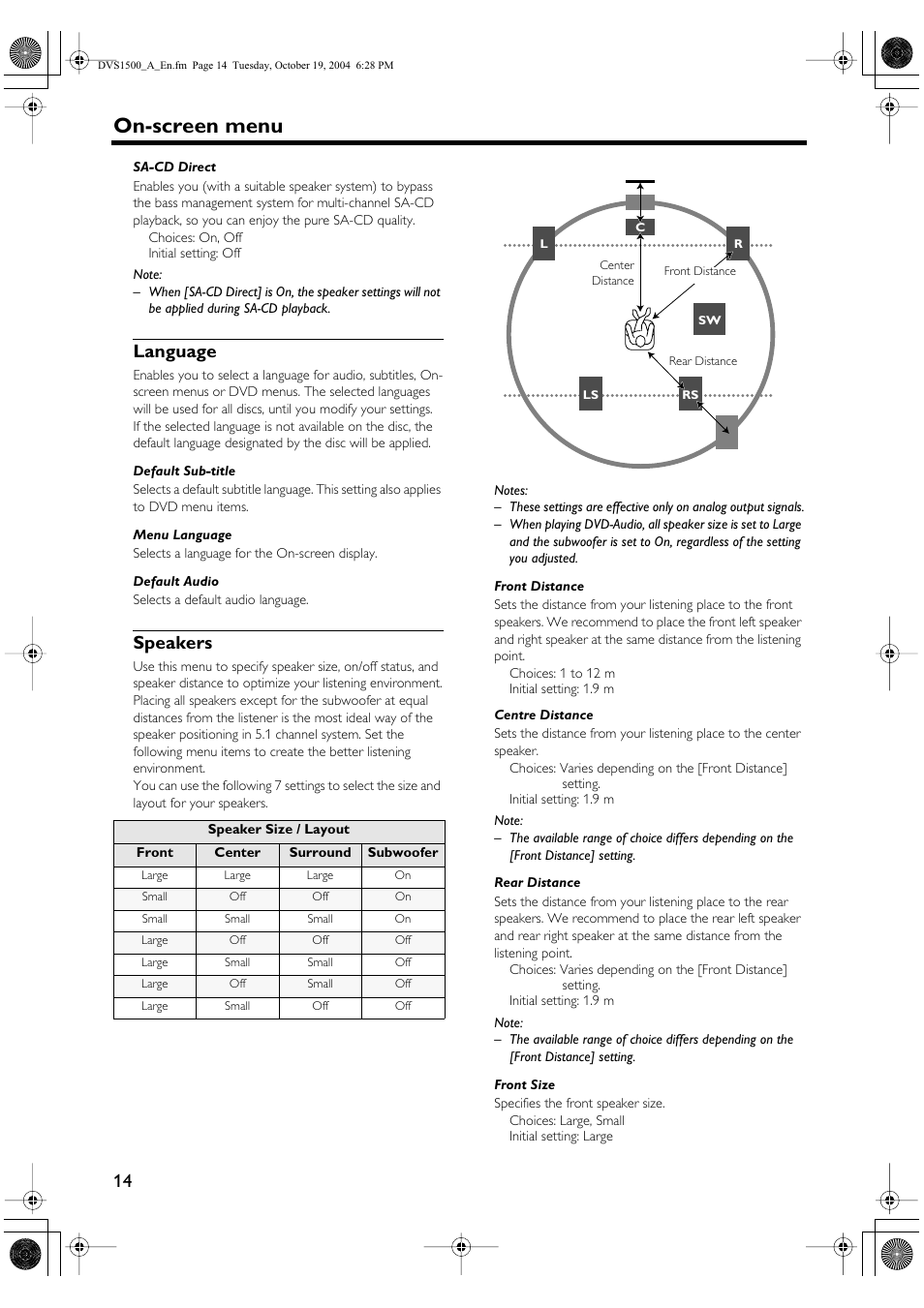 Language, Speakers, Language speakers | On-screen menu | Yamaha DVD-S1500 User Manual | Page 18 / 32