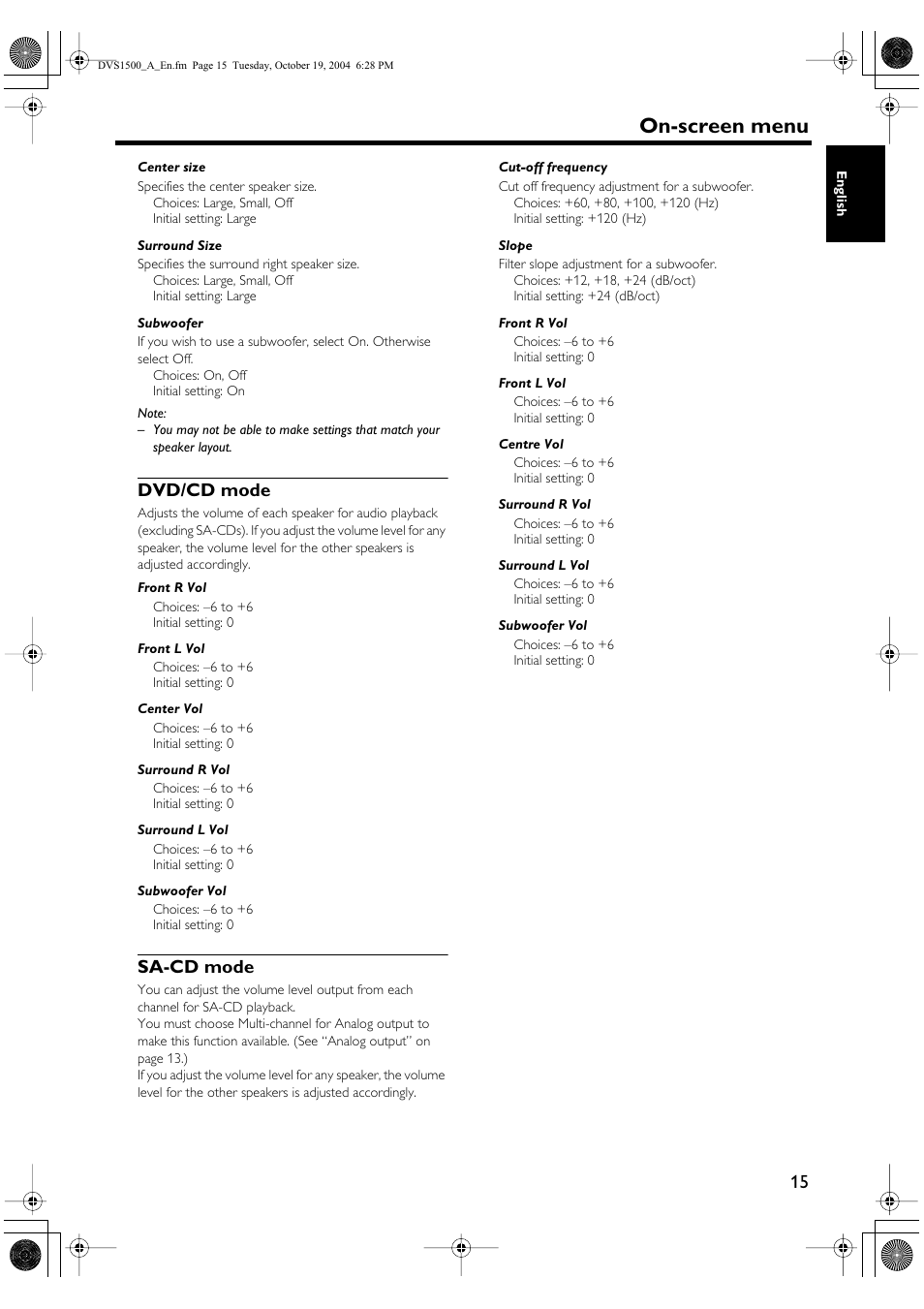 Dvd/cd mode, Sa-cd mode, Dvd/cd mode sa-cd mode | On-screen menu | Yamaha DVD-S1500 User Manual | Page 19 / 32