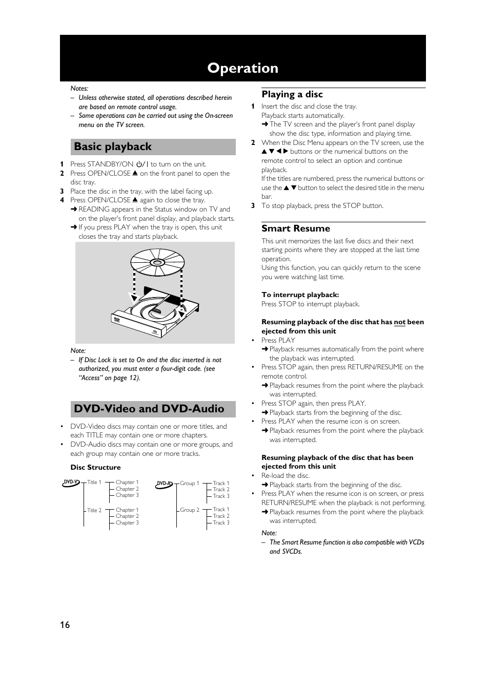 Operation, Basic playback, Dvd-video and dvd-audio | Playing a disc, Smart resume, Basic playback dvd-video and dvd-audio, Playing a disc smart resume | Yamaha DVD-S1500 User Manual | Page 20 / 32