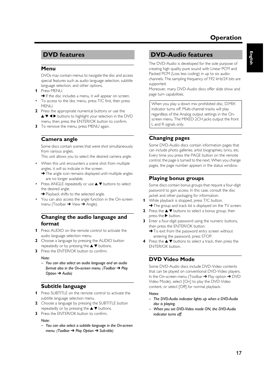 Dvd features, Menu, Camera angle | Changing the audio language and format, Subtitle language, Dvd-audio features, Playing bonus groups, Dvd video mode, Operation, Dvd features dvd-audio features | Yamaha DVD-S1500 User Manual | Page 21 / 32