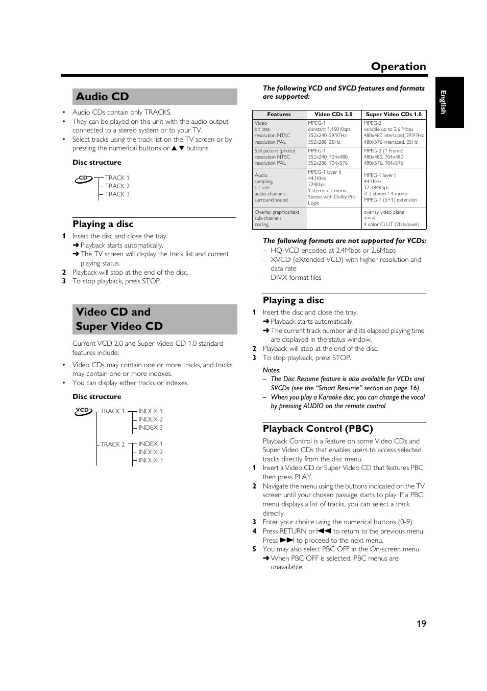 Audio cd, Playing a disc, Videocd and supervideocd | Playback control (pbc), Video cd and super video cd, Playing a disc playback control (pbc), Operation, Audio cd video cd and super video cd | Yamaha DVD-S1500 User Manual | Page 23 / 32