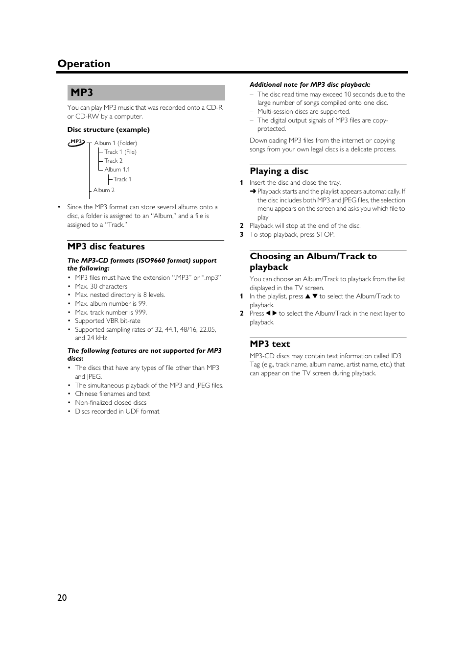 Mp3 disc features, Playing a disc, Choosing an album/track to playback | Mp3 text, Operation | Yamaha DVD-S1500 User Manual | Page 24 / 32