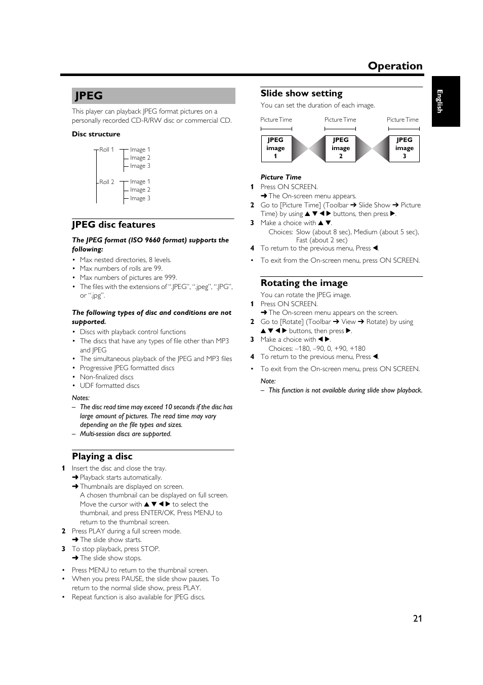 Jpeg, Jpeg disc features, Playing a disc | Slide show setting, Rotating the image, Operation | Yamaha DVD-S1500 User Manual | Page 25 / 32