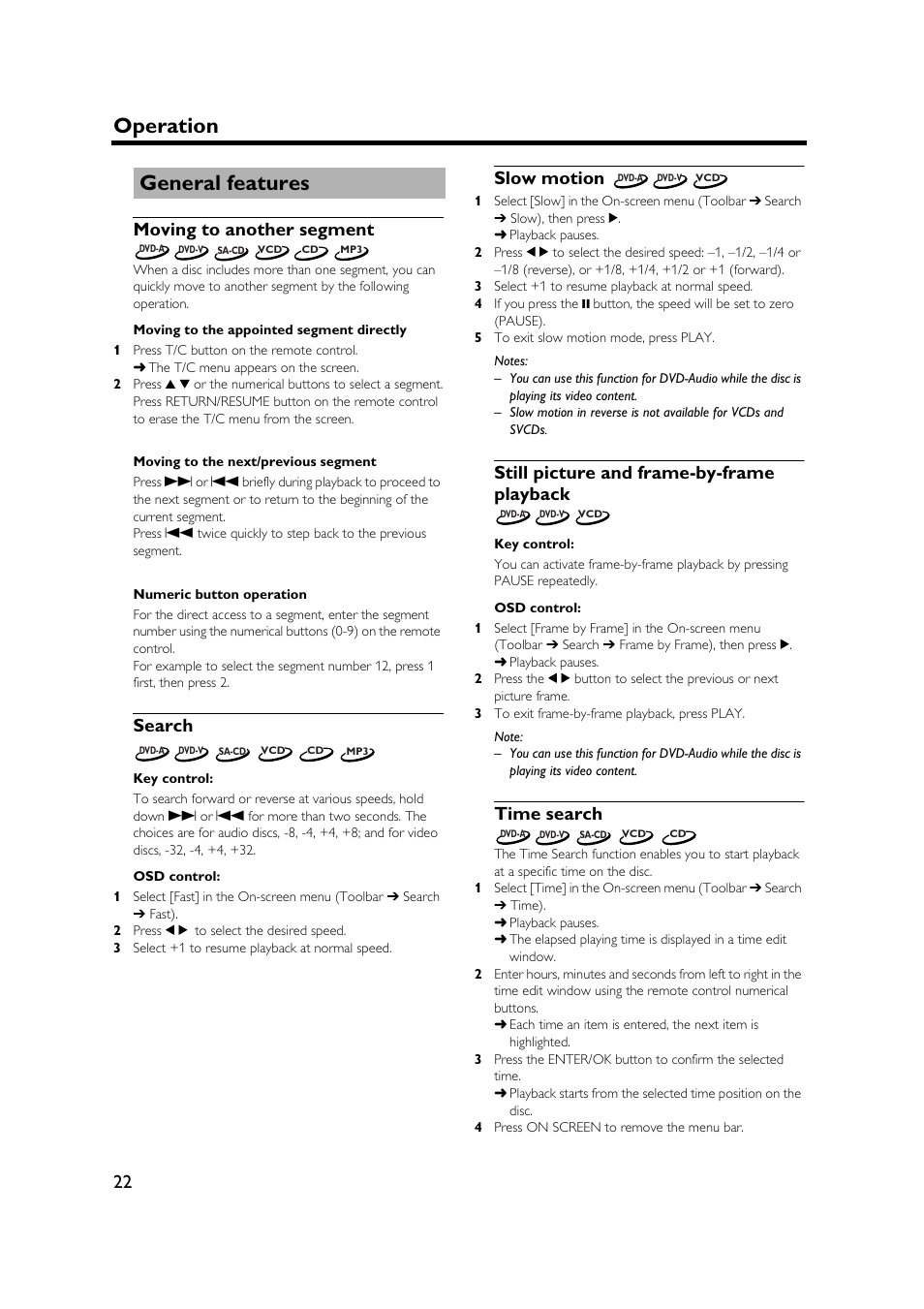 General features, Moving to another segment, Search | Slow motion, Still picture and frame-by-frame playback, Time search, Operation | Yamaha DVD-S1500 User Manual | Page 26 / 32