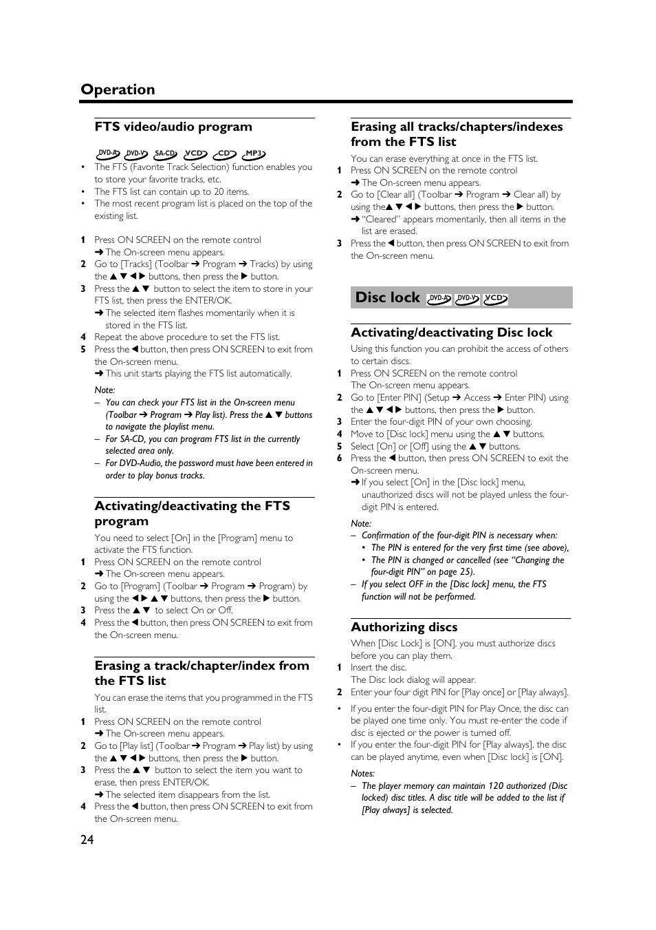 Fts video/audio program, Activating/deactivating the fts program, Erasing a track/chapter/index from the fts list | Disc lock, Activating/deactivating disc lock, Authorizing discs, Operation | Yamaha DVD-S1500 User Manual | Page 28 / 32